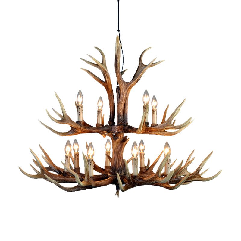 2-Tier Hanging Lamp Rustic Resin 12/15 Bulbs Brown Chandelier Pendant Light for Kitchen Island Clearhalo 'Ceiling Lights' 'Chandeliers' Lighting' options 233196