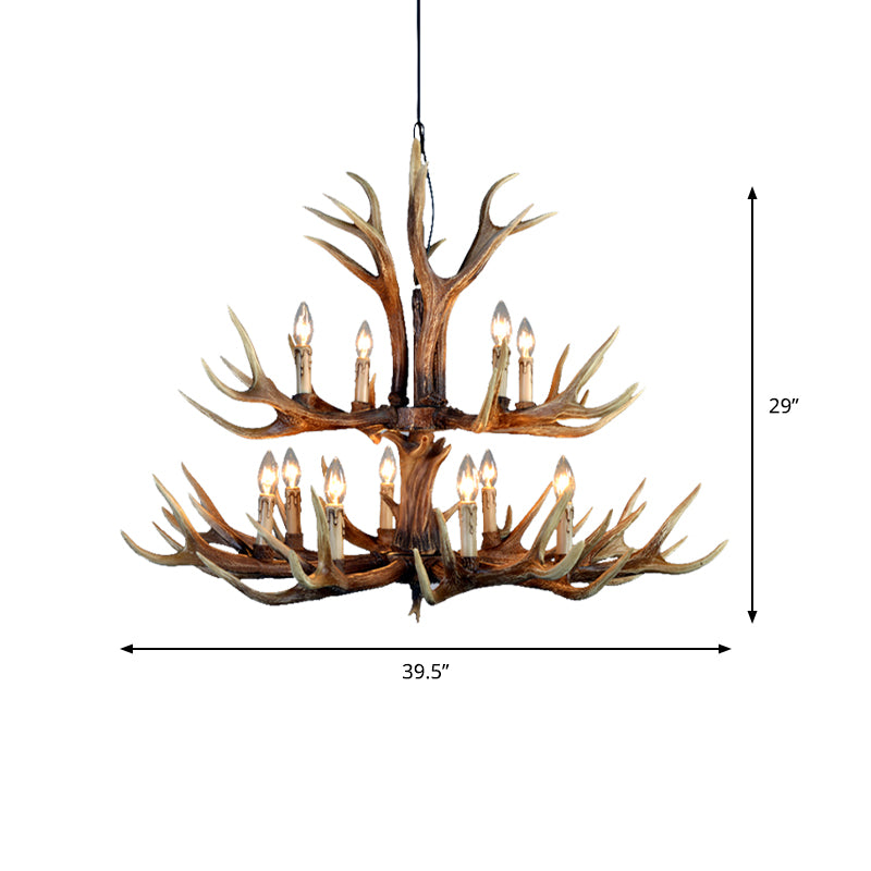 2-Tier Hanging Lamp Rustic Resin 12/15 Bulbs Brown Chandelier Pendant Light for Kitchen Island Clearhalo 'Ceiling Lights' 'Chandeliers' Lighting' options 233197