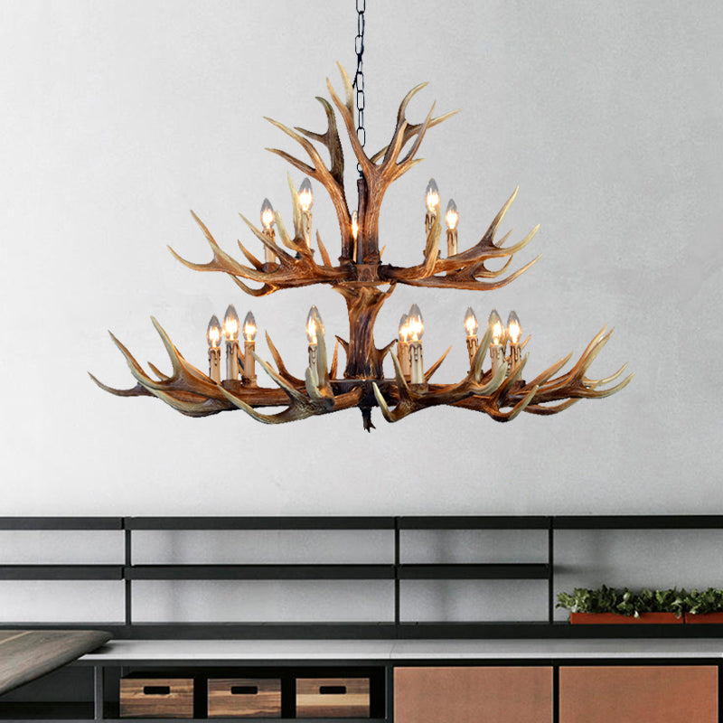 2-Tier Hanging Lamp Rustic Resin 12/15 Bulbs Brown Chandelier Pendant Light for Kitchen Island Clearhalo 'Ceiling Lights' 'Chandeliers' Lighting' options 233198