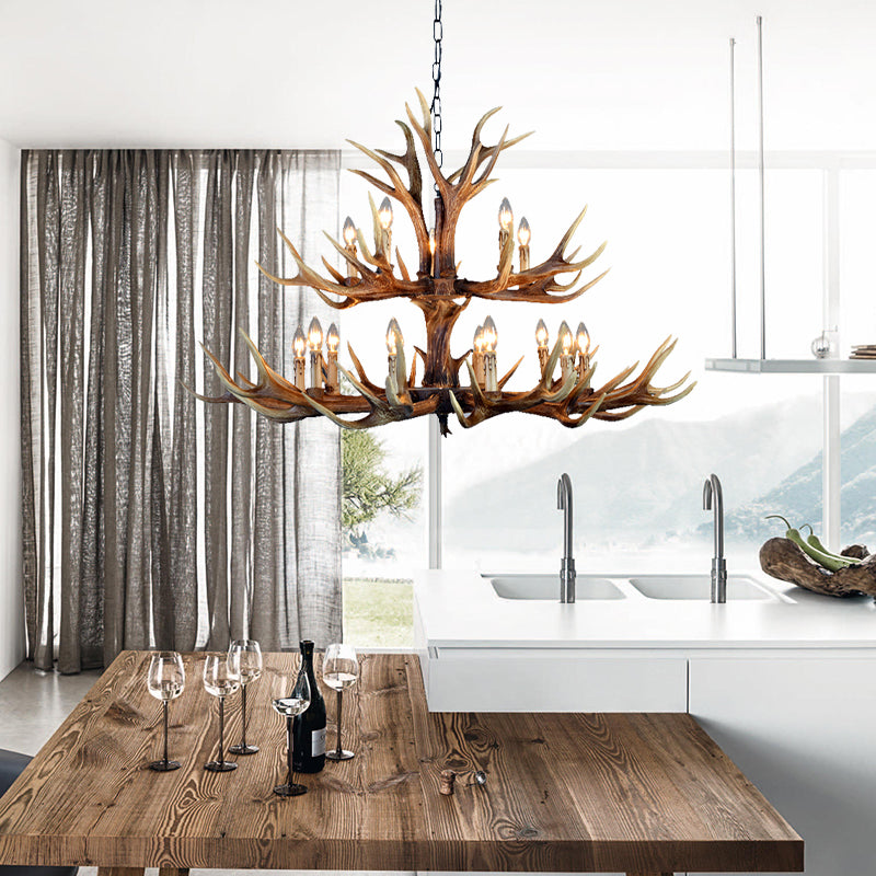 2-Tier Hanging Lamp Rustic Resin 12/15 Bulbs Brown Chandelier Pendant Light for Kitchen Island Clearhalo 'Ceiling Lights' 'Chandeliers' Lighting' options 233199