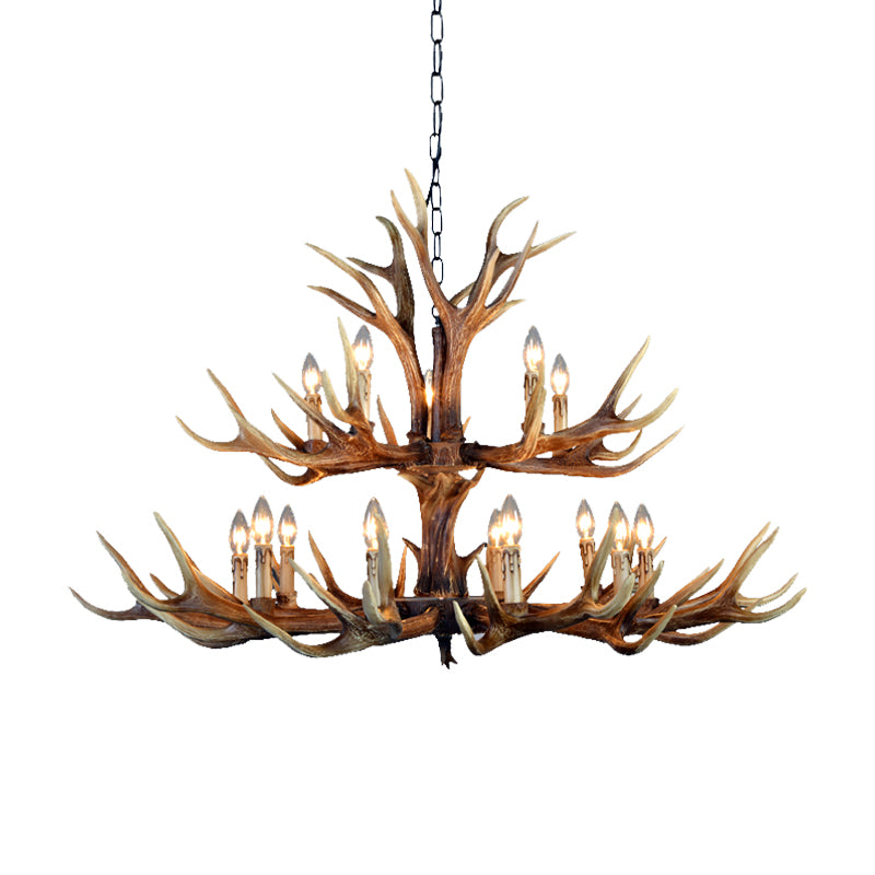 2-Tier Hanging Lamp Rustic Resin 12/15 Bulbs Brown Chandelier Pendant Light for Kitchen Island Clearhalo 'Ceiling Lights' 'Chandeliers' Lighting' options 233200