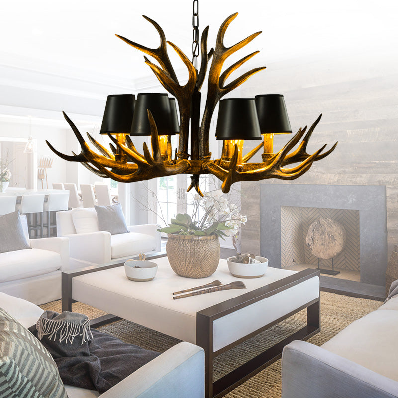 6/8/10-Bulb Resin Suspension Light Rustic Black Tapered Living Room Chandelier Lighting with Antler Clearhalo 'Ceiling Lights' 'Chandeliers' Lighting' options 233250