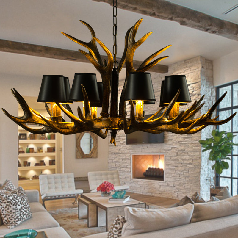 6/8/10-Bulb Resin Suspension Light Rustic Black Tapered Living Room Chandelier Lighting with Antler Clearhalo 'Ceiling Lights' 'Chandeliers' Lighting' options 233254