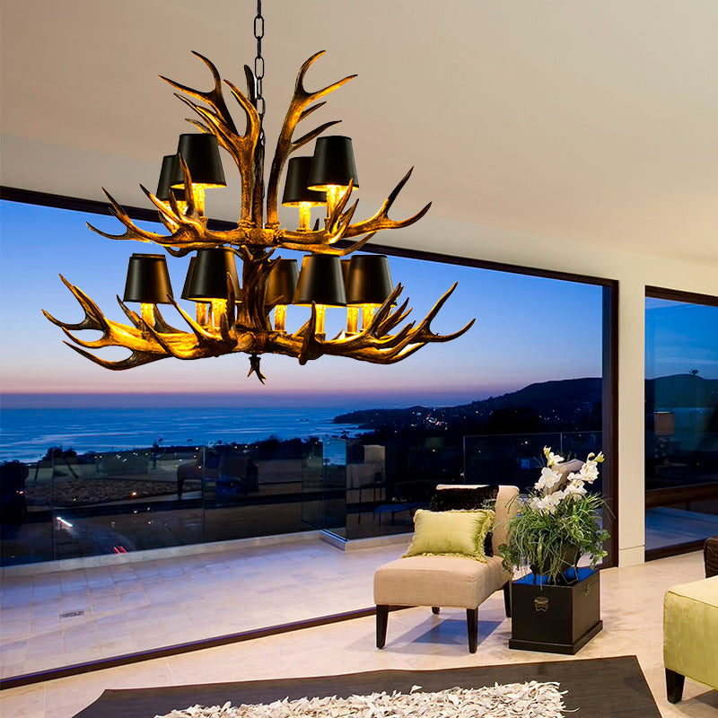 6/8/10-Bulb Resin Suspension Light Rustic Black Tapered Living Room Chandelier Lighting with Antler Clearhalo 'Ceiling Lights' 'Chandeliers' Lighting' options 233263