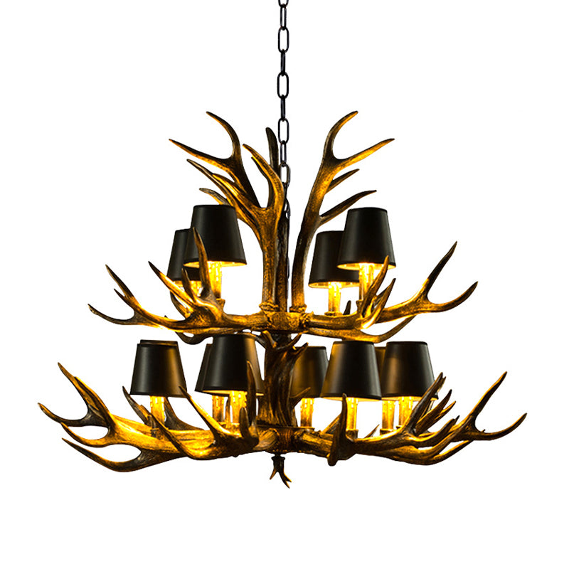 6/8/10-Bulb Resin Suspension Light Rustic Black Tapered Living Room Chandelier Lighting with Antler Clearhalo 'Ceiling Lights' 'Chandeliers' Lighting' options 233264