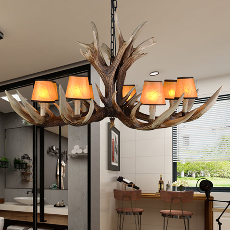 Resin Conical Chandelier Lamp Rustic 6/8/10-Head Bedroom Pendant Ceiling Light with Antler in Brown Clearhalo 'Ceiling Lights' 'Chandeliers' Lighting' options 233307