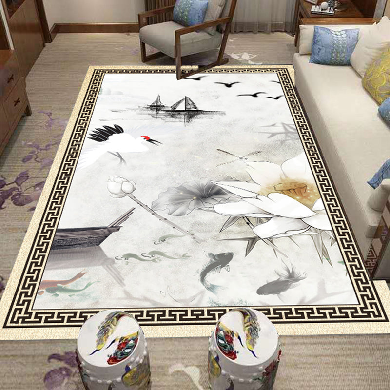 Multi Color Chinese Rug Polypropylene Flower Printed Indoor Rug Non-Slip Backing Pet Friendly Easy Care Carpet for Living Room Gray-White Clearhalo 'Area Rug' 'Rug' 2333124