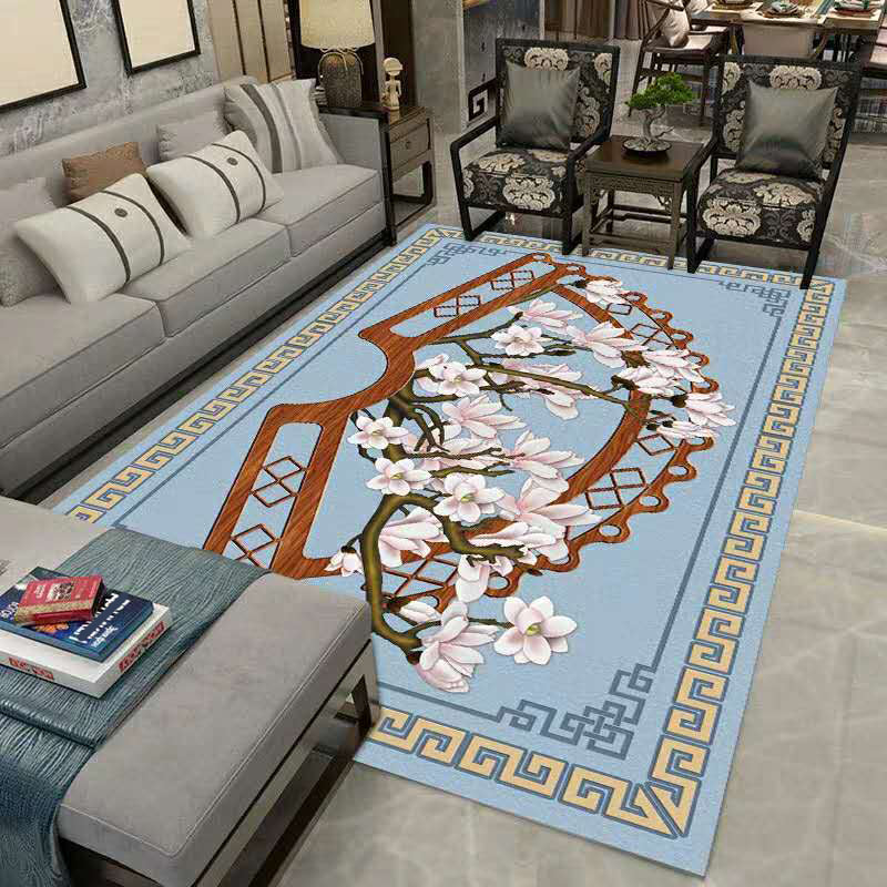 Multi Color Chinese Rug Polypropylene Flower Printed Indoor Rug Non-Slip Backing Pet Friendly Easy Care Carpet for Living Room Blue Clearhalo 'Area Rug' 'Rug' 2333130