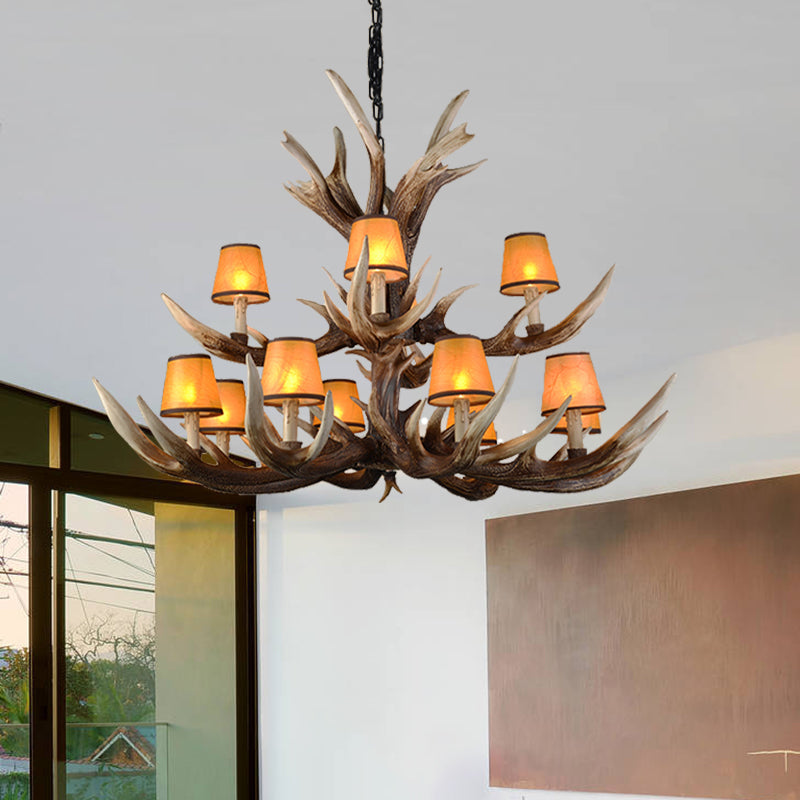 Resin Conical Chandelier Lamp Rustic 6/8/10-Head Bedroom Pendant Ceiling Light with Antler in Brown Clearhalo 'Ceiling Lights' 'Chandeliers' Lighting' options 233315