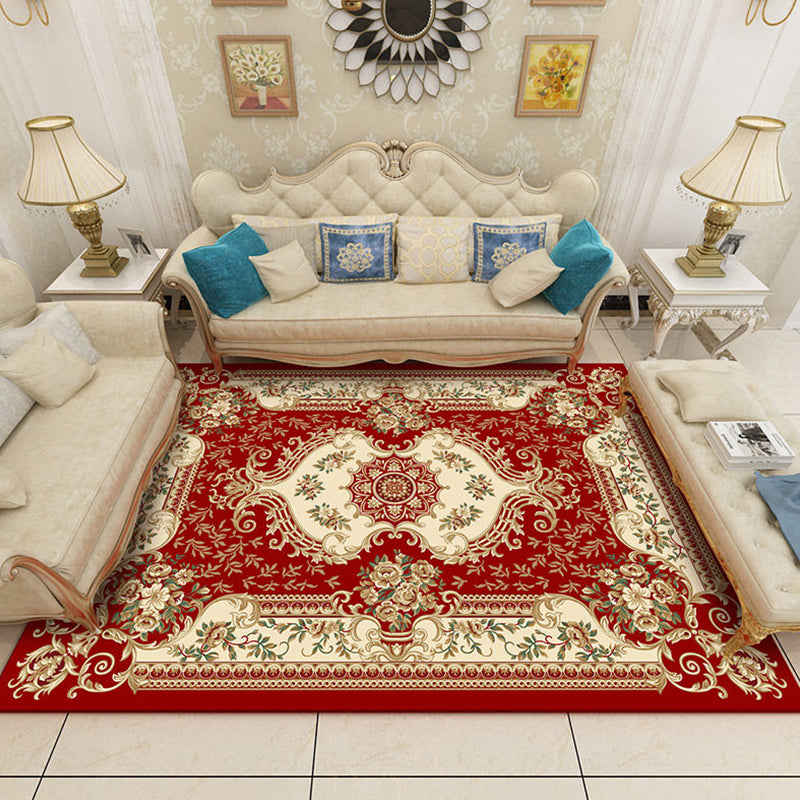 Nostalgia Living Room Rug Multi Colored Floral Printed Area Rug Synthetics Anti-Slip Backing Easy Care Indoor Rug Brick Red Clearhalo 'Area Rug' 'Rugs' 'Vintage' Rug' 2333170