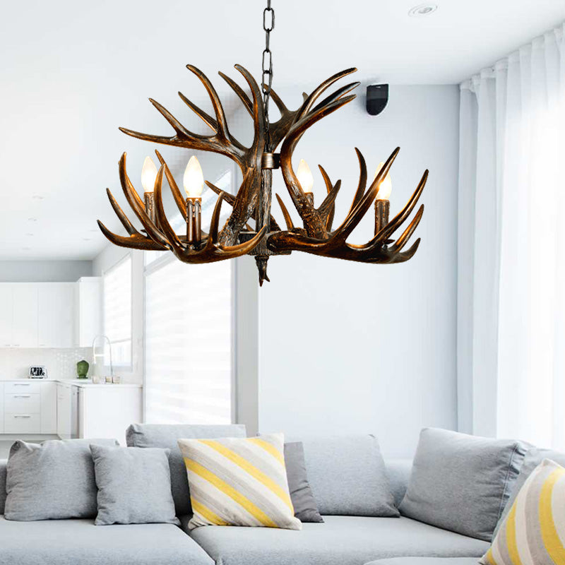 Traditional Candle Hanging Lamp 4/6/9 Bulbs Resin Chandelier Light Fixture with Deer Antler in Brown 4 Brown Clearhalo 'Ceiling Lights' 'Chandeliers' Lighting' options 233320_8f0d71f8-64ab-4015-aa72-078e68e9946d