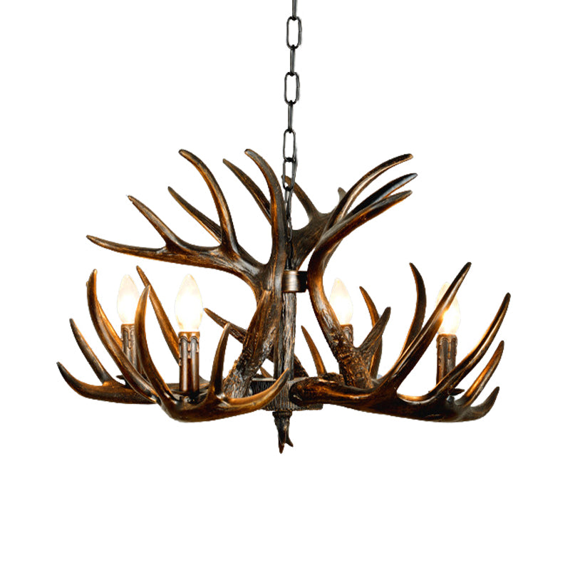 Traditional Candle Hanging Lamp 4/6/9 Bulbs Resin Chandelier Light Fixture with Deer Antler in Brown Clearhalo 'Ceiling Lights' 'Chandeliers' Lighting' options 233322