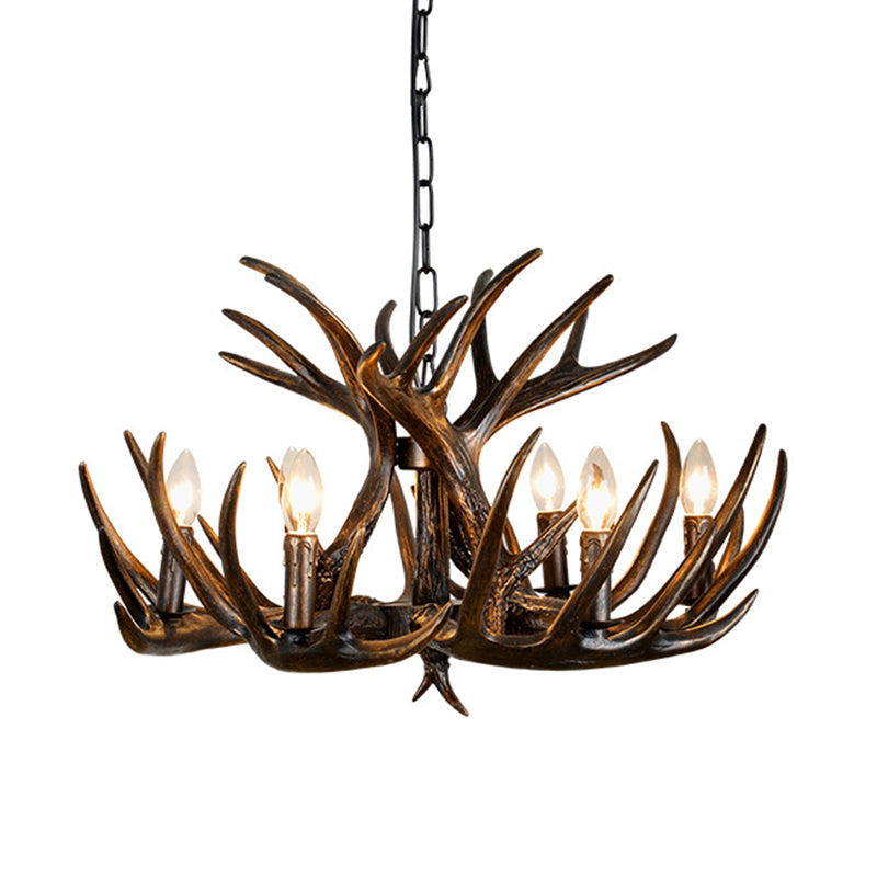 Traditional Candle Hanging Lamp 4/6/9 Bulbs Resin Chandelier Light Fixture with Deer Antler in Brown Clearhalo 'Ceiling Lights' 'Chandeliers' Lighting' options 233326