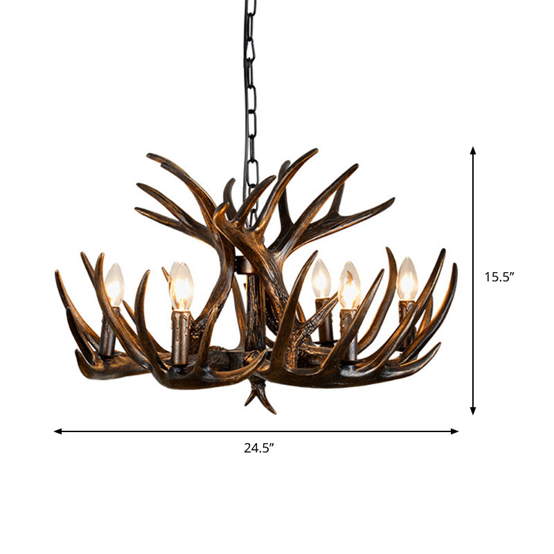 Traditional Candle Hanging Lamp 4/6/9 Bulbs Resin Chandelier Light Fixture with Deer Antler in Brown Clearhalo 'Ceiling Lights' 'Chandeliers' Lighting' options 233327