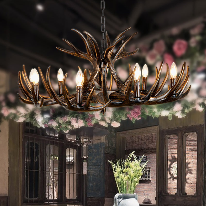 Traditional Candle Hanging Lamp 4/6/9 Bulbs Resin Chandelier Light Fixture with Deer Antler in Brown Clearhalo 'Ceiling Lights' 'Chandeliers' Lighting' options 233328