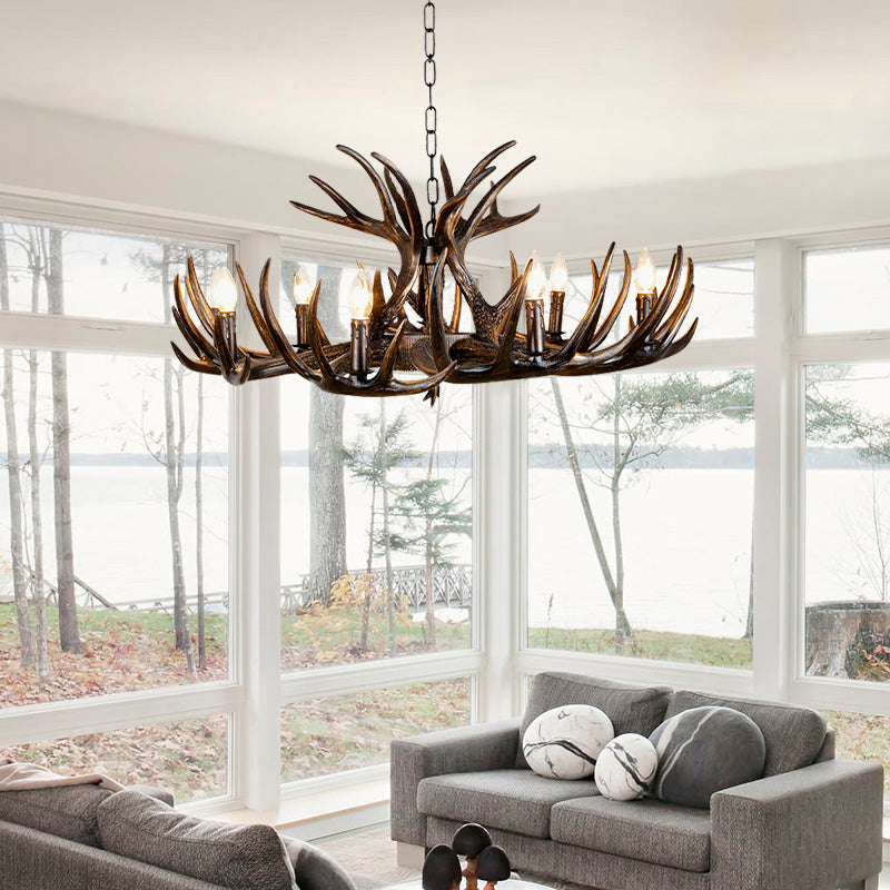 Traditional Candle Hanging Lamp 4/6/9 Bulbs Resin Chandelier Light Fixture with Deer Antler in Brown Clearhalo 'Ceiling Lights' 'Chandeliers' Lighting' options 233329