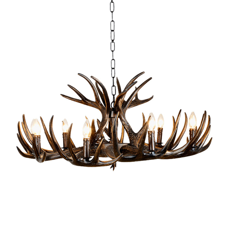 Traditional Candle Hanging Lamp 4/6/9 Bulbs Resin Chandelier Light Fixture with Deer Antler in Brown Clearhalo 'Ceiling Lights' 'Chandeliers' Lighting' options 233330