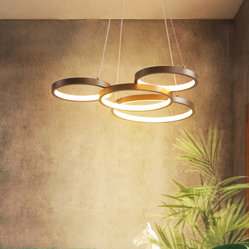 Coffee Circular Chandelier Light Modernist 3/4/5 Lights Acrylic Led Hanging Light Fixture in White/Warm Light 4 Coffee Clearhalo 'Ceiling Lights' 'Chandeliers' 'Modern Chandeliers' 'Modern' Lighting' 233340