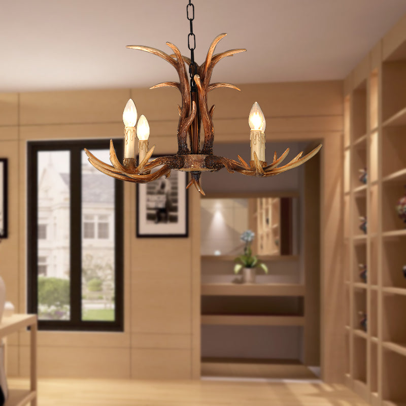 Faux Antler Bedroom Drop Lamp Traditional Resin 4/6/8 Bulbs Brown Chandelier Pendant Light Clearhalo 'Ceiling Lights' 'Chandeliers' Lighting' options 233358