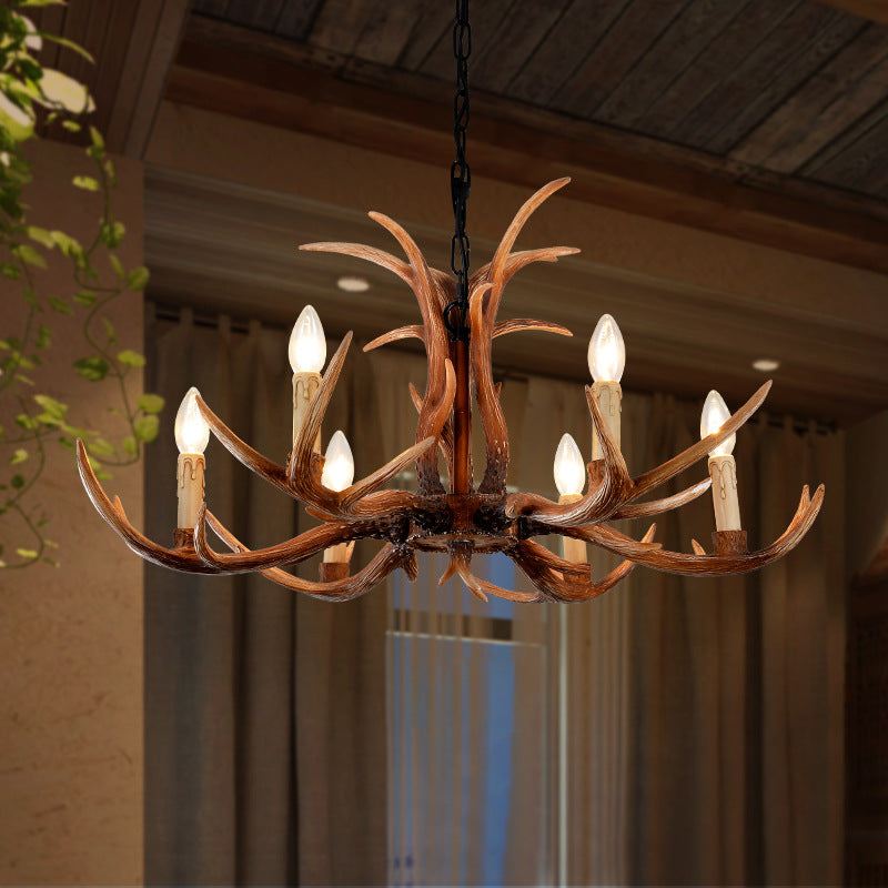 Faux Antler Bedroom Drop Lamp Traditional Resin 4/6/8 Bulbs Brown Chandelier Pendant Light Clearhalo 'Ceiling Lights' 'Chandeliers' Lighting' options 233362