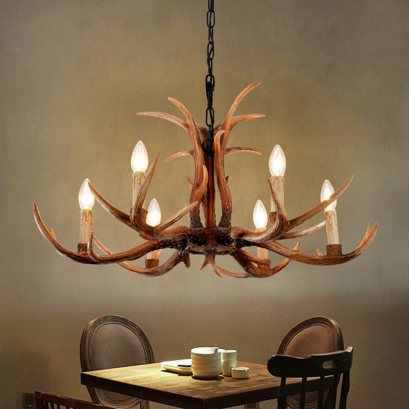 Faux Antler Bedroom Drop Lamp Traditional Resin 4/6/8 Bulbs Brown Chandelier Pendant Light Clearhalo 'Ceiling Lights' 'Chandeliers' Lighting' options 233363