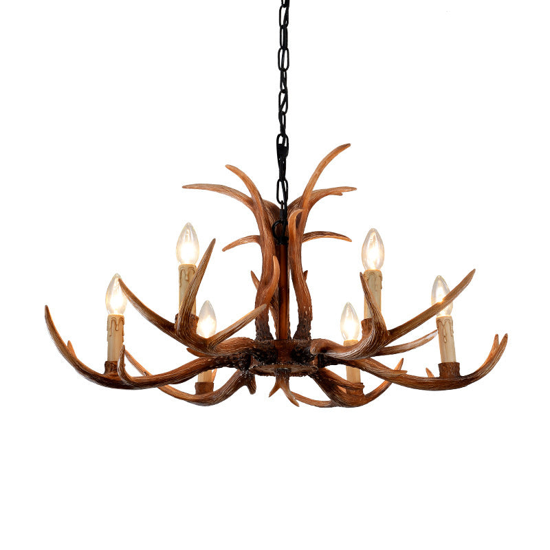 Faux Antler Bedroom Drop Lamp Traditional Resin 4/6/8 Bulbs Brown Chandelier Pendant Light Clearhalo 'Ceiling Lights' 'Chandeliers' Lighting' options 233364