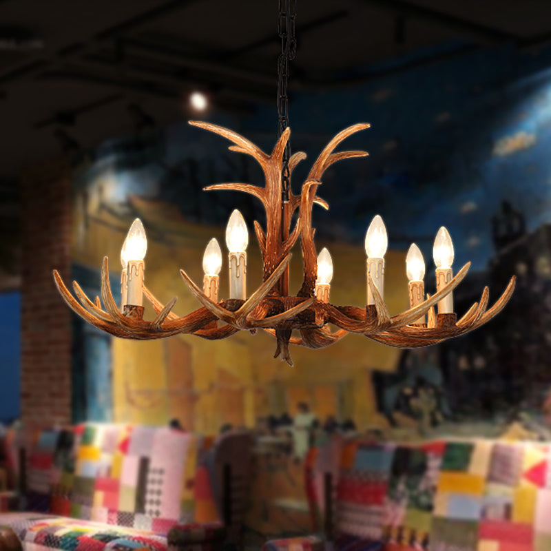 Faux Antler Bedroom Drop Lamp Traditional Resin 4/6/8 Bulbs Brown Chandelier Pendant Light Clearhalo 'Ceiling Lights' 'Chandeliers' Lighting' options 233366