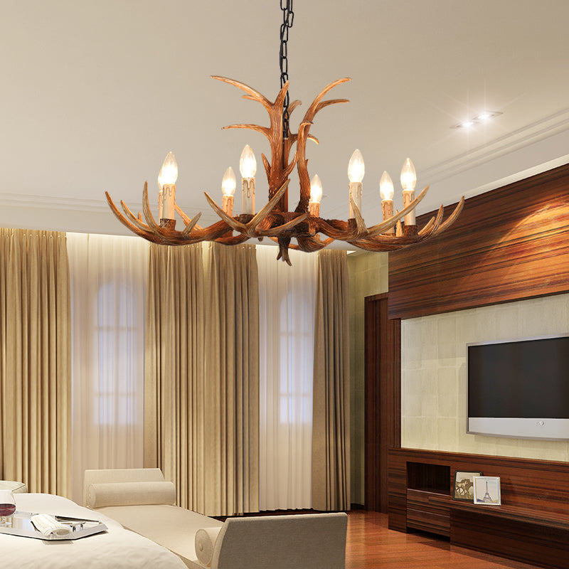 Faux Antler Bedroom Drop Lamp Traditional Resin 4/6/8 Bulbs Brown Chandelier Pendant Light Clearhalo 'Ceiling Lights' 'Chandeliers' Lighting' options 233367