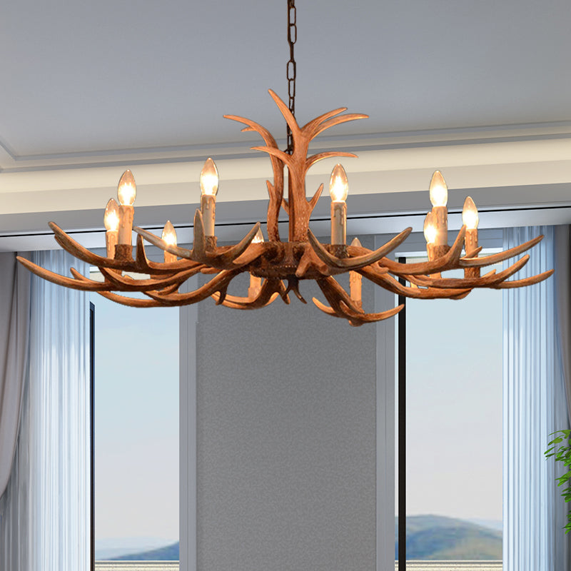 Faux Antler Bedroom Drop Lamp Traditional Resin 4/6/8 Bulbs Brown Chandelier Pendant Light Clearhalo 'Ceiling Lights' 'Chandeliers' Lighting' options 233370