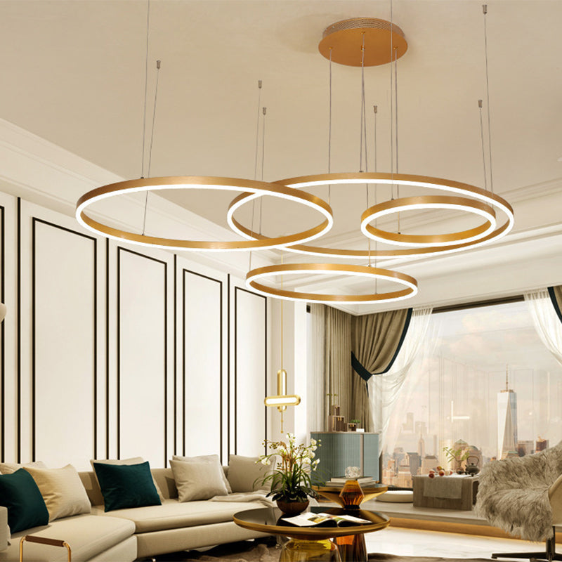 Gold Ring Pendant Chandelier Modern 2/3/4 Lights Acrylic Led Hanging Ceiling Light in White/Warm Light 4 Gold Clearhalo 'Ceiling Lights' 'Chandeliers' 'Modern Chandeliers' 'Modern' Lighting' 2334168