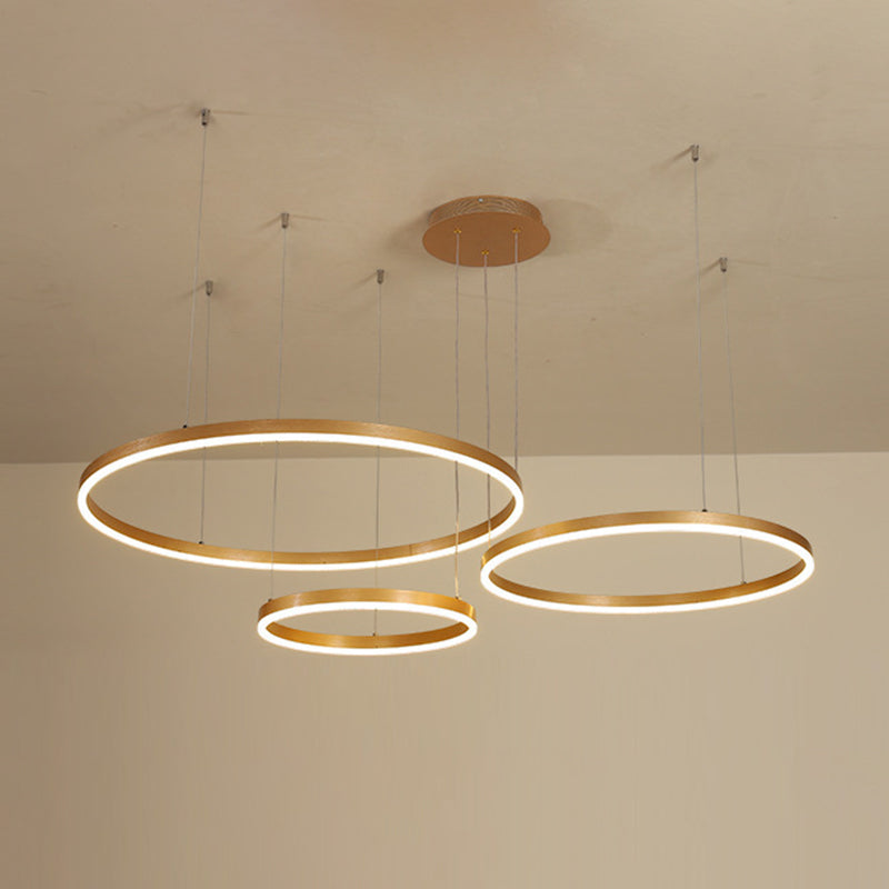 Gold Ring Pendant Chandelier Modern 2/3/4 Lights Acrylic Led Hanging Ceiling Light in White/Warm Light 3 Gold Clearhalo 'Ceiling Lights' 'Chandeliers' 'Modern Chandeliers' 'Modern' Lighting' 2334169