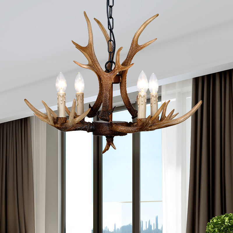 Brown 4/6/8 Heads Chandelier Lighting Rustic Resin Candle Suspension Lamp with Antler for Dining Room Clearhalo 'Ceiling Lights' 'Chandeliers' Lighting' options 233457