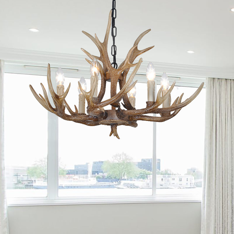 Brown 4/6/8 Heads Chandelier Lighting Rustic Resin Candle Suspension Lamp with Antler for Dining Room 6 Brown Clearhalo 'Ceiling Lights' 'Chandeliers' Lighting' options 233460_104764ed-36ac-4f54-a257-793d98776a04