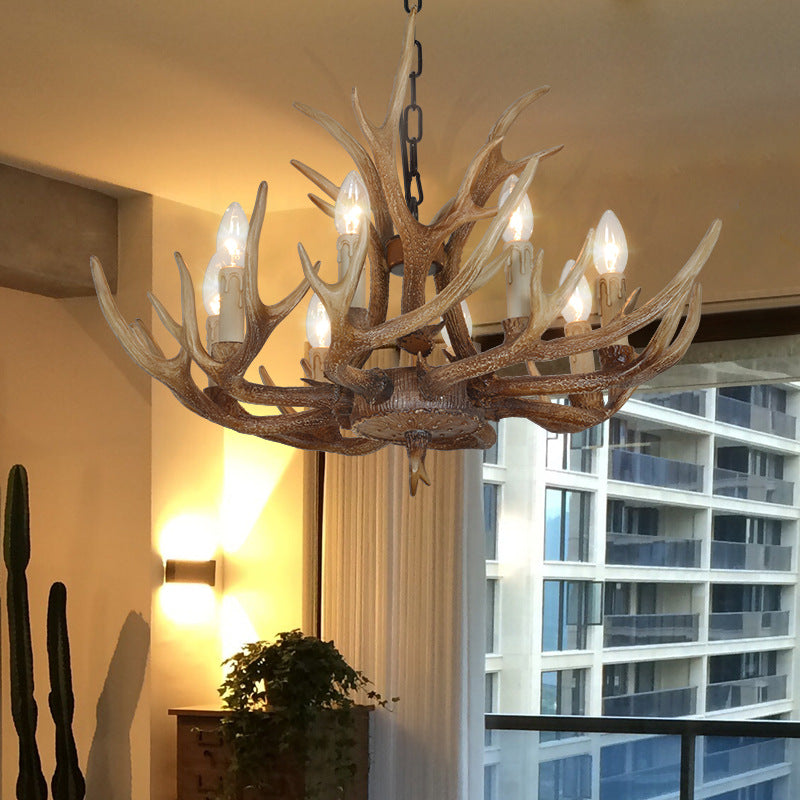 Brown 4/6/8 Heads Chandelier Lighting Rustic Resin Candle Suspension Lamp with Antler for Dining Room Clearhalo 'Ceiling Lights' 'Chandeliers' Lighting' options 233464