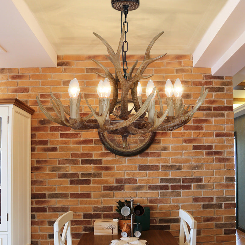 Brown 4/6/8 Heads Chandelier Lighting Rustic Resin Candle Suspension Lamp with Antler for Dining Room Clearhalo 'Ceiling Lights' 'Chandeliers' Lighting' options 233465