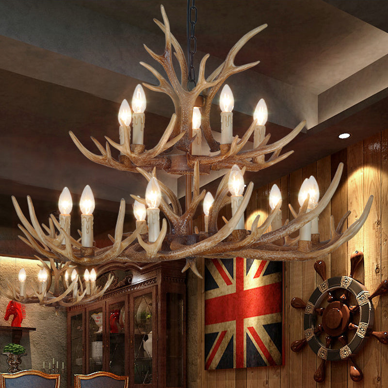 Brown 4/6/8 Heads Chandelier Lighting Rustic Resin Candle Suspension Lamp with Antler for Dining Room 15 Brown Clearhalo 'Ceiling Lights' 'Chandeliers' Lighting' options 233472_a13e289f-bd56-43f1-bafd-ab37036b4171