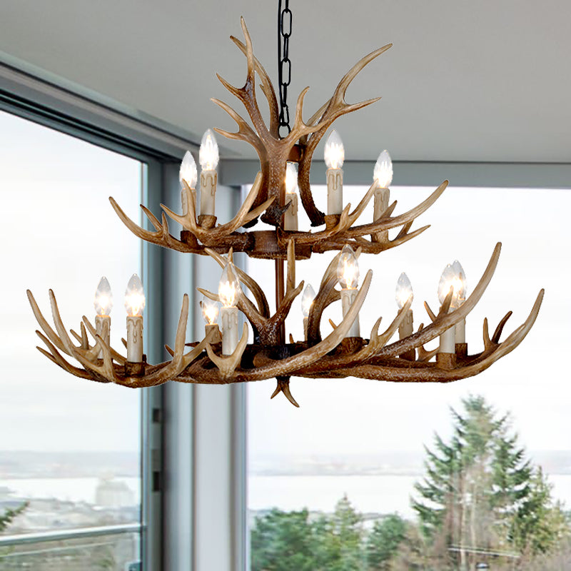 Brown 4/6/8 Heads Chandelier Lighting Rustic Resin Candle Suspension Lamp with Antler for Dining Room Clearhalo 'Ceiling Lights' 'Chandeliers' Lighting' options 233473