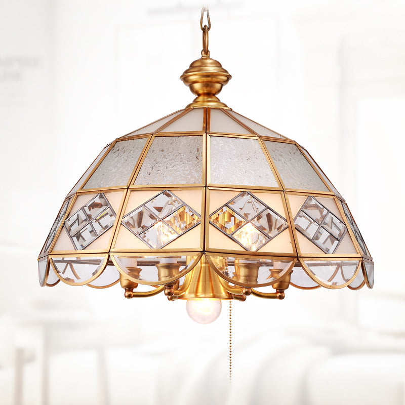 Dome Pendant Chandelier Traditional Milk Glass 7 Bulbs Brass Hanging Ceiling Light Brass Clearhalo 'Ceiling Lights' 'Chandeliers' 'Glass shade' 'Glass' Lighting' 233518