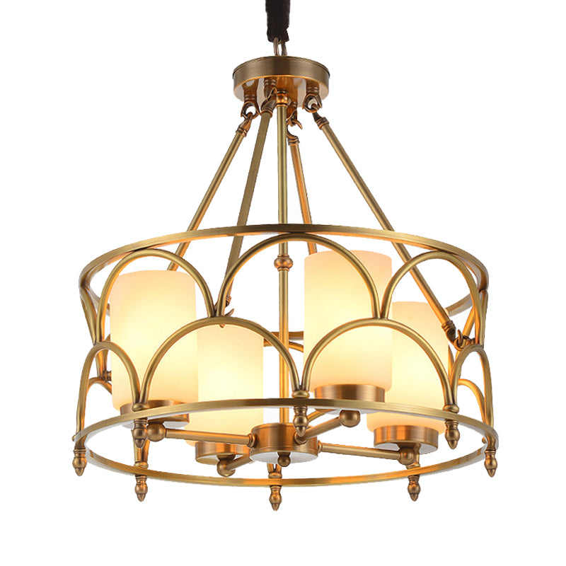 Cylinder Chandelier Modern Metal 4/8 Bulbs Hanging Ceiling Light in Brass with Frosted Glass Shade Clearhalo 'Ceiling Lights' 'Chandeliers' Lighting' options 233547