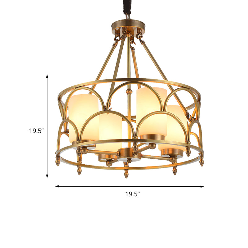 Cylinder Chandelier Modern Metal 4/8 Bulbs Hanging Ceiling Light in Brass with Frosted Glass Shade Clearhalo 'Ceiling Lights' 'Chandeliers' Lighting' options 233548