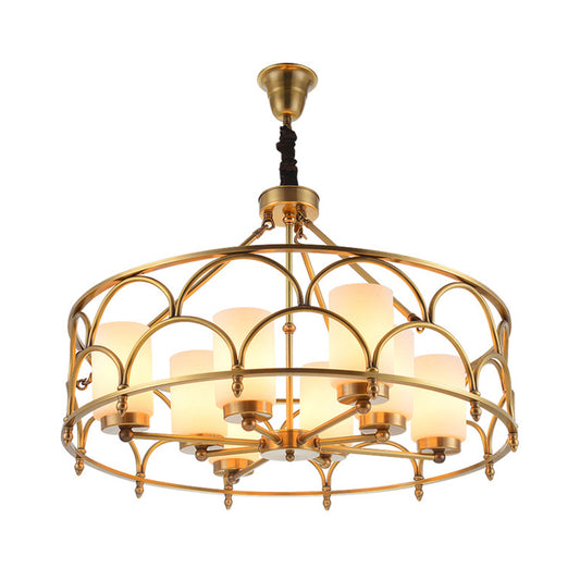 Cylinder Chandelier Modern Metal 4/8 Bulbs Hanging Ceiling Light in Brass with Frosted Glass Shade Clearhalo 'Ceiling Lights' 'Chandeliers' Lighting' options 233551