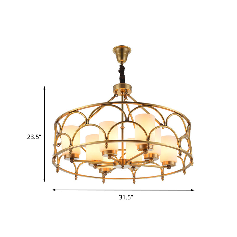 Cylinder Chandelier Modern Metal 4/8 Bulbs Hanging Ceiling Light in Brass with Frosted Glass Shade Clearhalo 'Ceiling Lights' 'Chandeliers' Lighting' options 233552