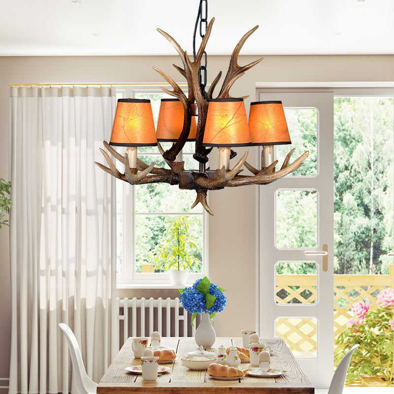 4/6/8 Lights Resin Chandelier Lamp Loft Brown Cone Dining Room Down Lighting Pendant with Fabric Shade Clearhalo 'Ceiling Lights' 'Chandeliers' Lighting' options 233554