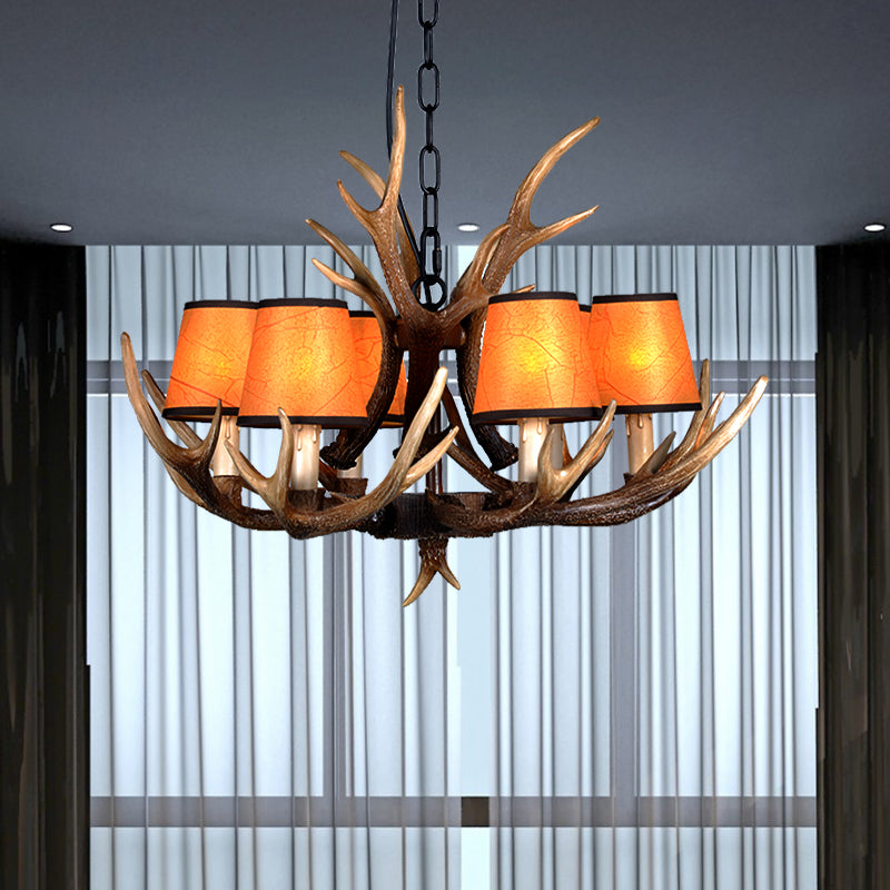 4/6/8 Lights Resin Chandelier Lamp Loft Brown Cone Dining Room Down Lighting Pendant with Fabric Shade 6 Brown Clearhalo 'Ceiling Lights' 'Chandeliers' Lighting' options 233558_c2fe7404-d3e9-44ba-b55b-078be8b019db