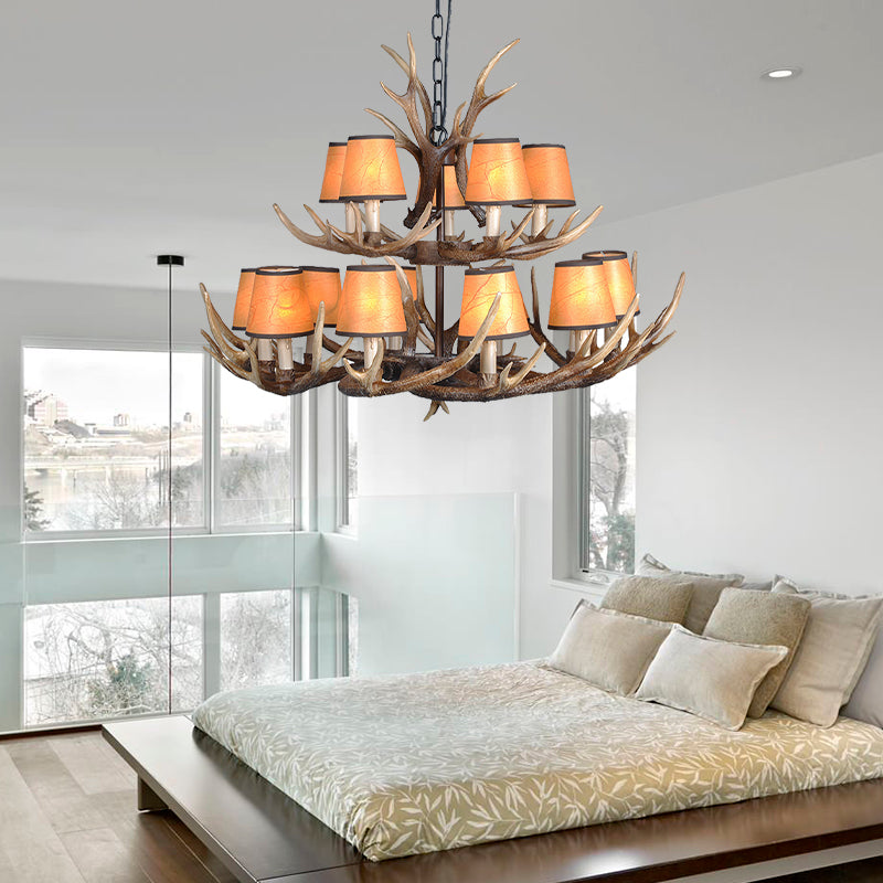 4/6/8 Lights Resin Chandelier Lamp Loft Brown Cone Dining Room Down Lighting Pendant with Fabric Shade Clearhalo 'Ceiling Lights' 'Chandeliers' Lighting' options 233571