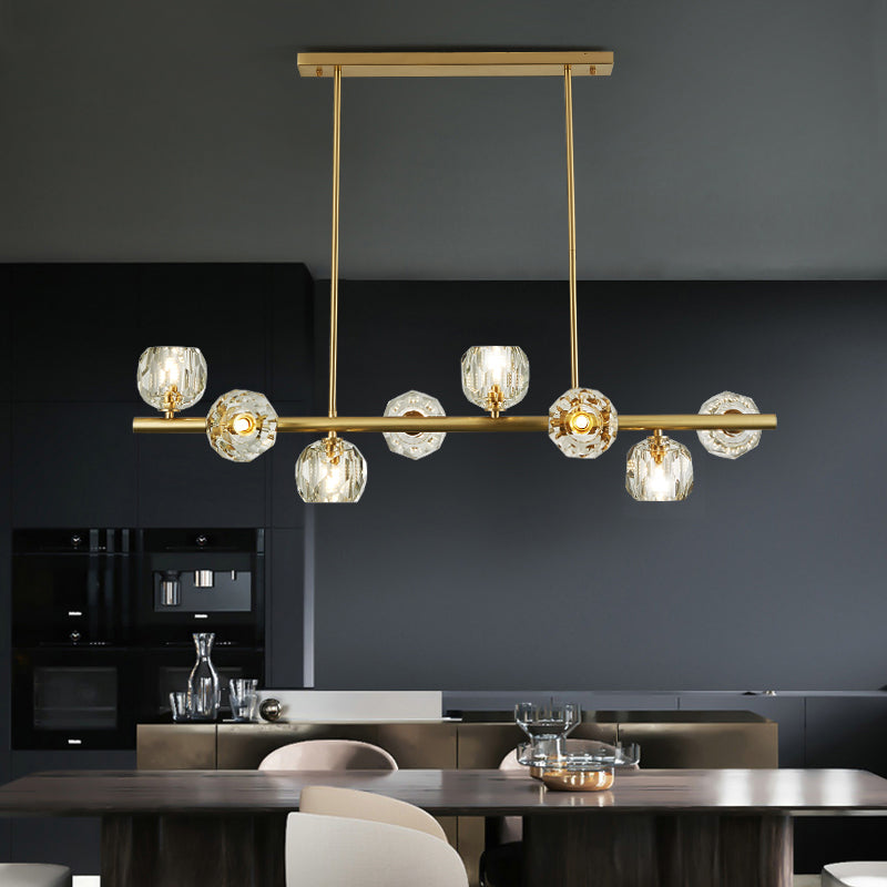 8 Bulbs Restaurant over Island Lighting Simplicity Gold Pendant Light with Dome Crystal Shade Clearhalo 'Ceiling Lights' 'Island Lights' Lighting' 2335889