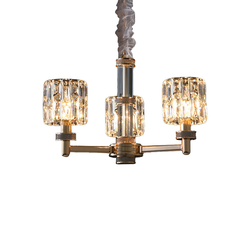 Crystal Cylinder Hanging Light Fixture Minimalistic Gold Ceiling Chandelier for Dining Room Clearhalo 'Ceiling Lights' 'Chandeliers' 'Modern Chandeliers' 'Modern' Lighting' 2335916