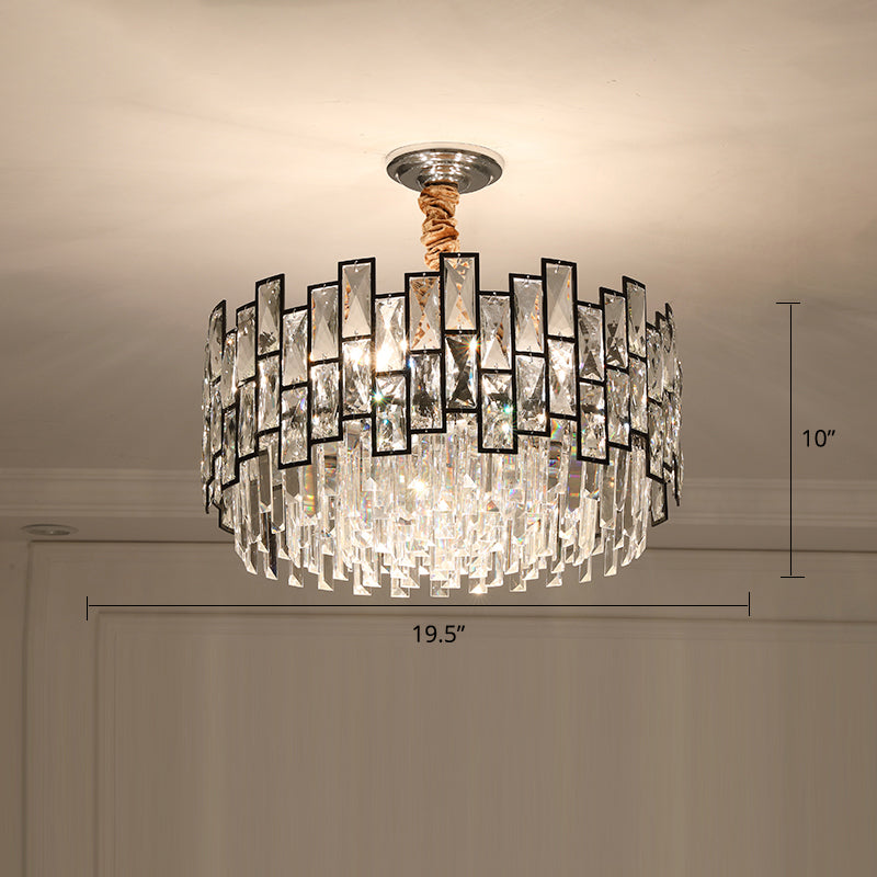 Round Living Room Chandelier Light Fixture K9 Crystal Modernism Hanging Pendant Light Black 19.5" Clearhalo 'Ceiling Lights' 'Chandeliers' 'Modern Chandeliers' 'Modern' Lighting' 2335982