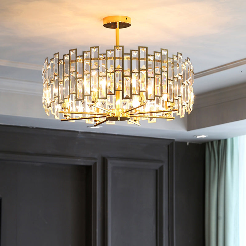 Modern Drum Pendant Lamp Tri-Sided Crystal Rods Bedroom Chandelier Light in Gold Clearhalo 'Ceiling Lights' 'Chandeliers' 'Modern Chandeliers' 'Modern' Lighting' 2335995