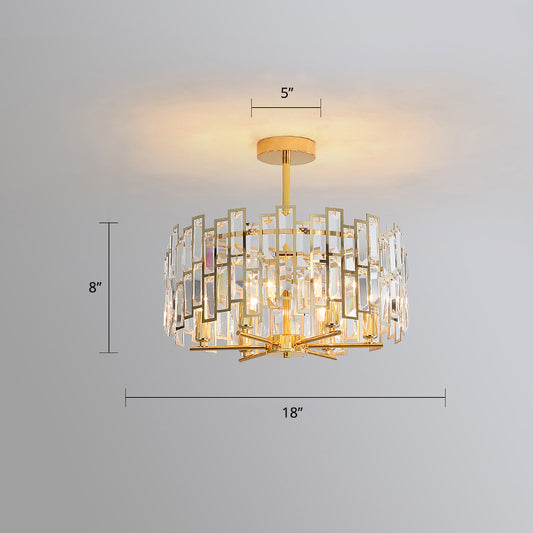 Modern Drum Pendant Lamp Tri-Sided Crystal Rods Bedroom Chandelier Light in Gold Gold 18" Clearhalo 'Ceiling Lights' 'Chandeliers' 'Modern Chandeliers' 'Modern' Lighting' 2335996